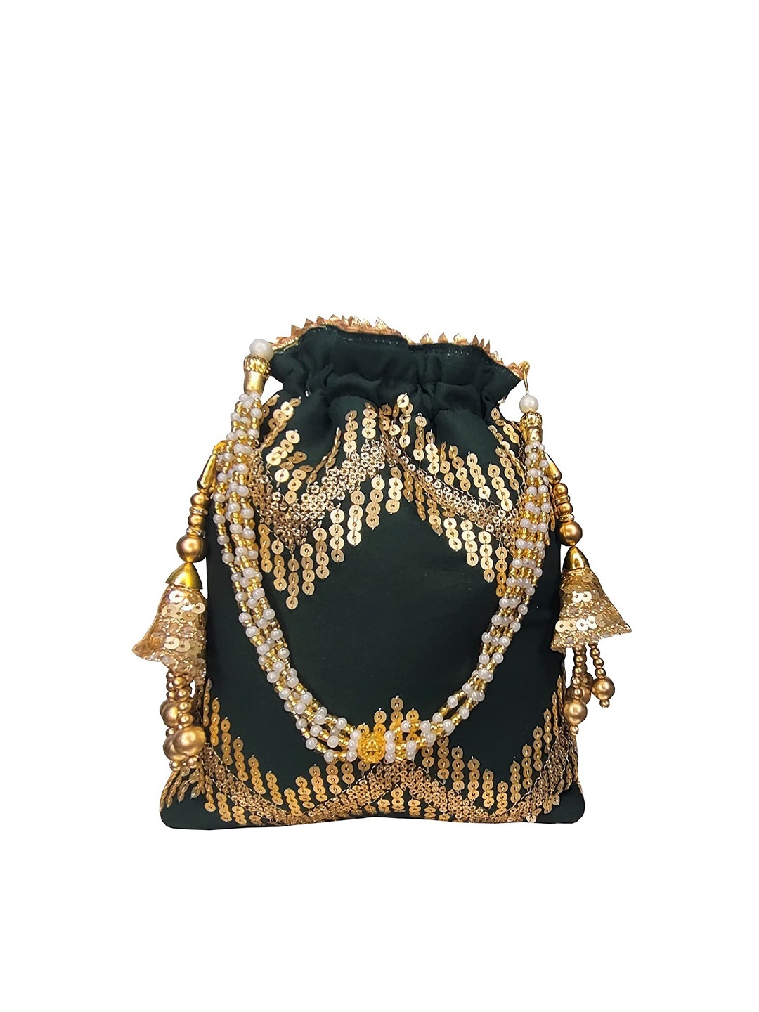 

FRINGES Tassel Embroidered Potli Clutch, Green