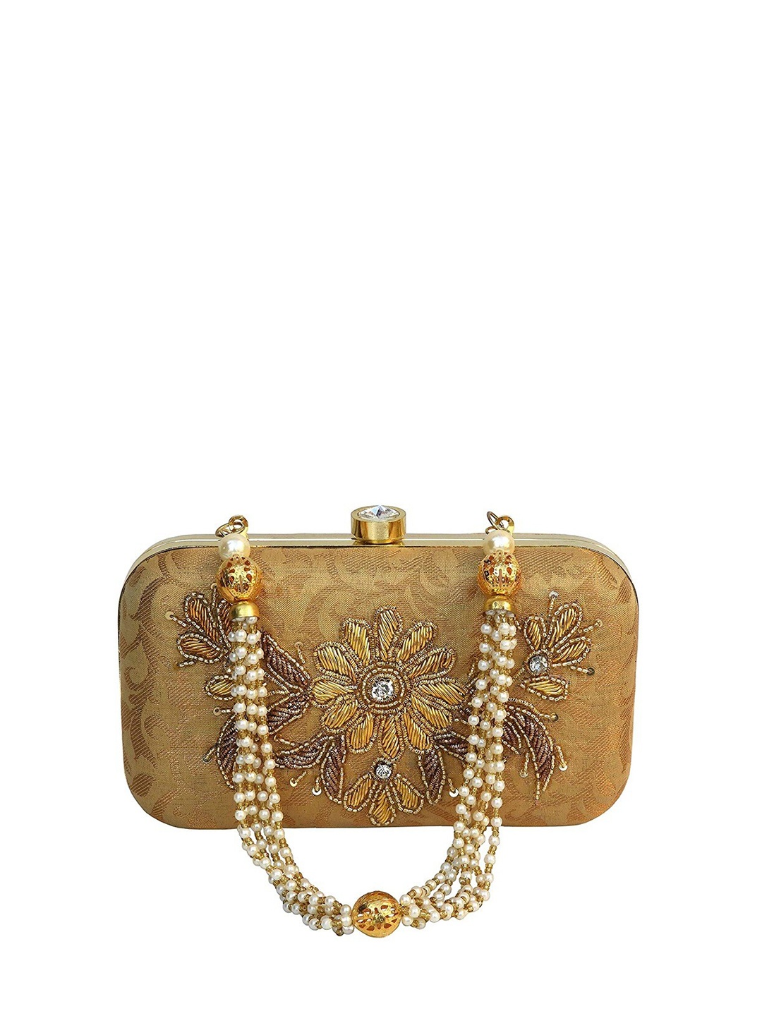 

FRINGES Brocade Embellished Box Clutch, Gold