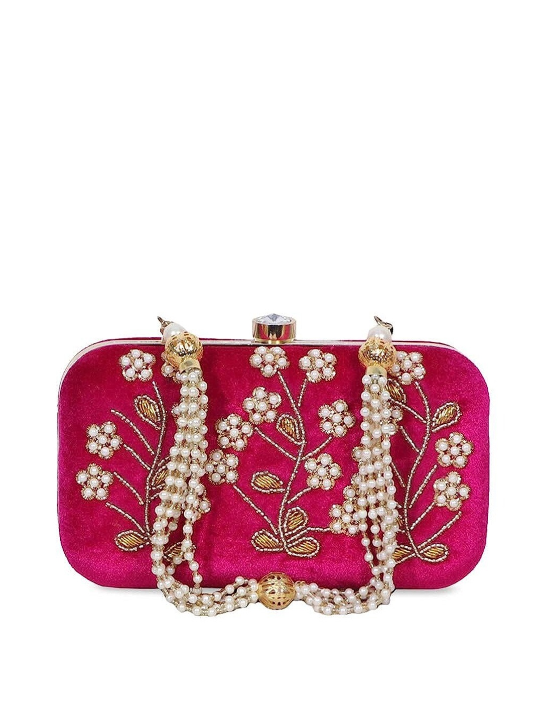 

FRINGES Floral Zari Embellished Box Clutch, Fuchsia