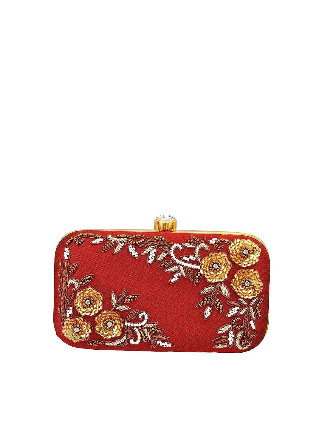 

FRINGES Floral Embroidered Box Clutch, Maroon