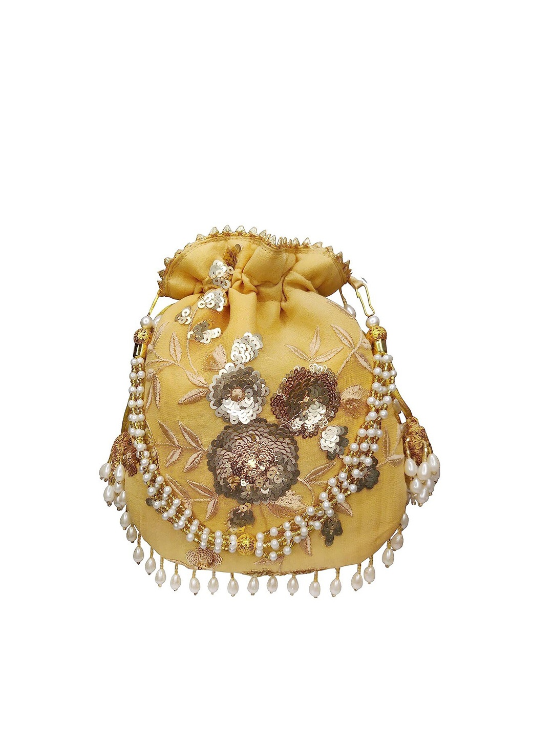 

FRINGES Floral Embellished Potli Clutch, Gold
