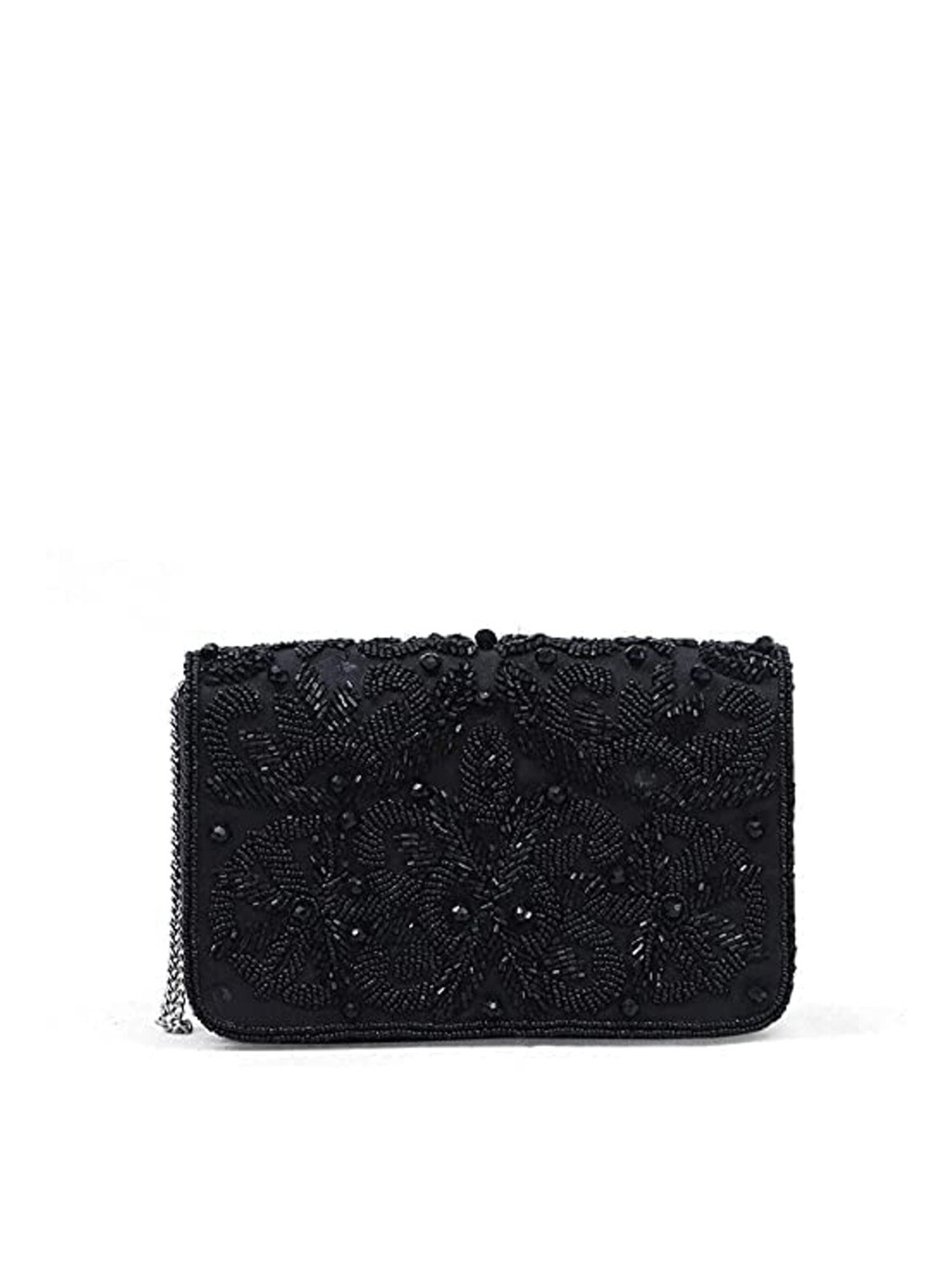 

FRINGES Embellished Foldover Box Clutch, Black