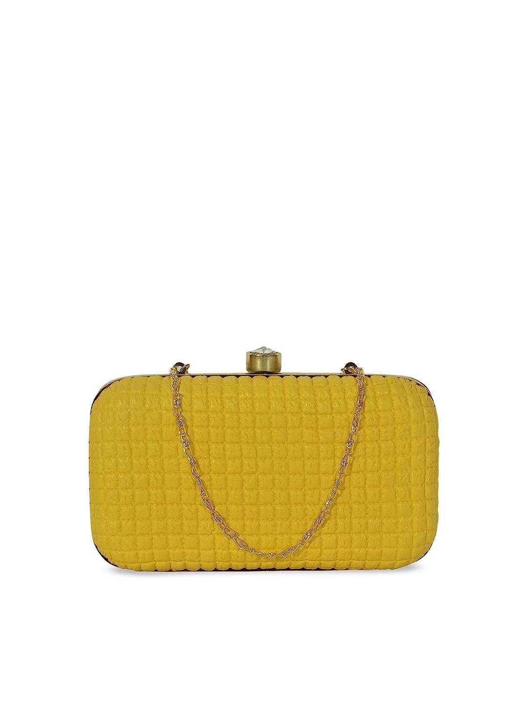 

FRINGES Textured Checked Box Clutch, Yellow