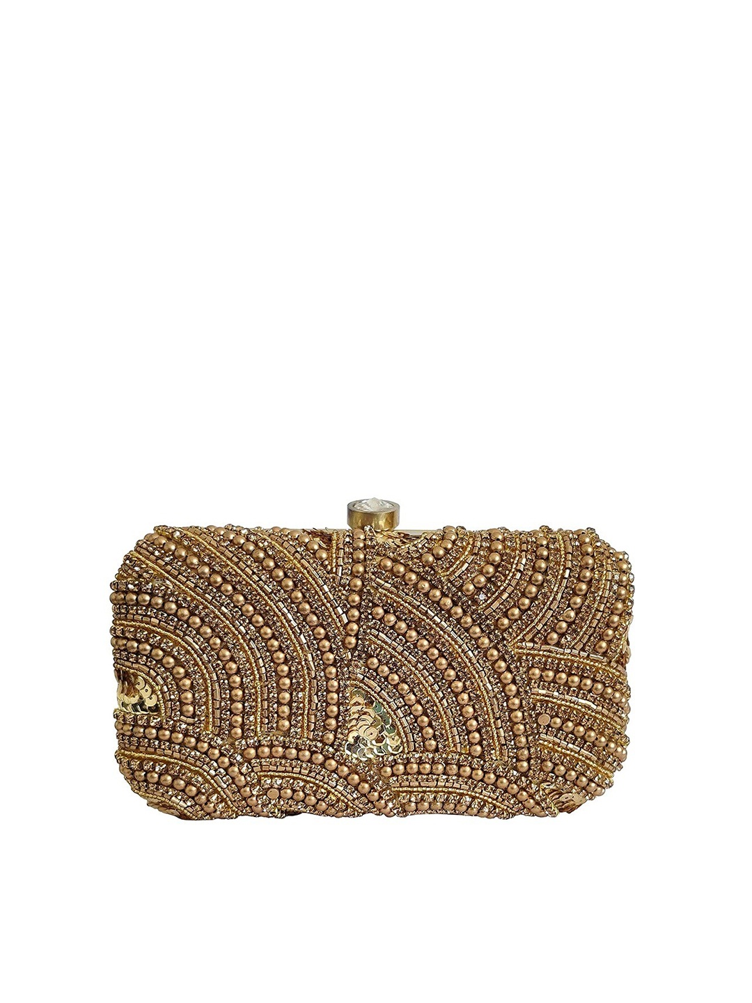 

FRINGES Embroidered Beaded Embellished Box Clutch, Gold