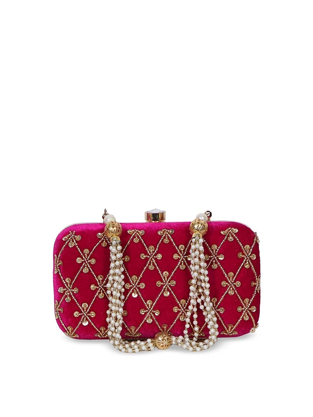 

FRINGES Embellished Box Clutch, Fuchsia