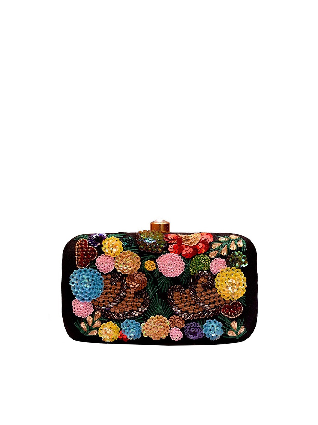 

FRINGES Floral Embellished Box Clutch, Black