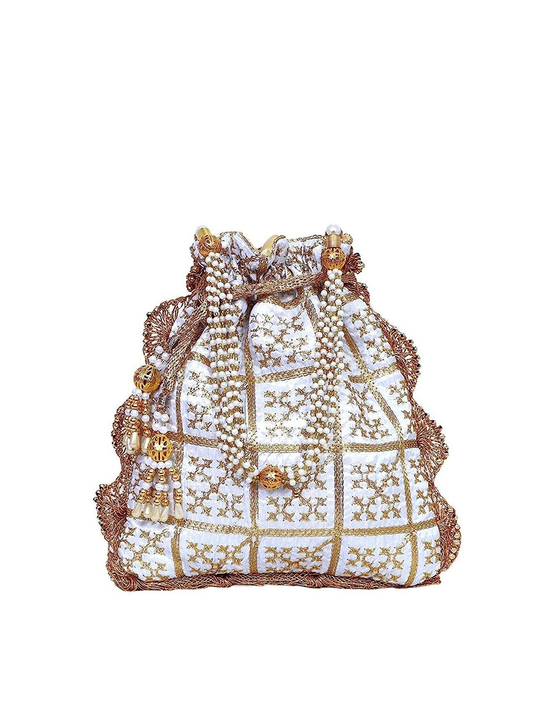

FRINGES Embroidered Potli Clutch, White