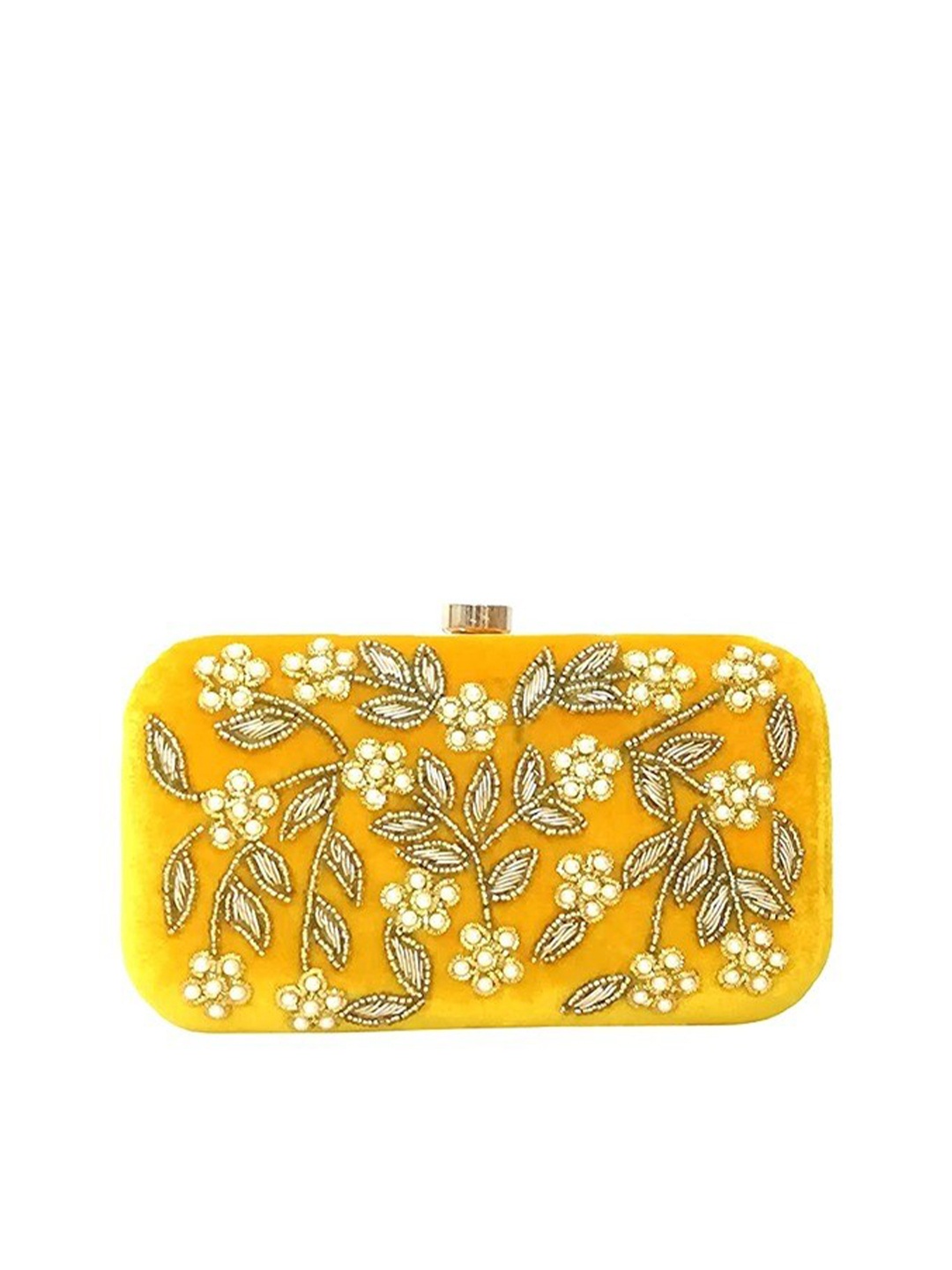 

FRINGES Floral Zari Embellished Box Clutch, Yellow