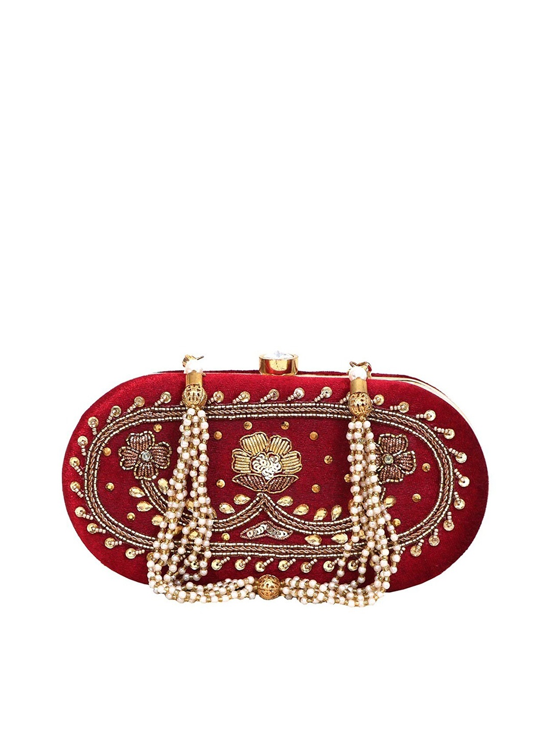 

FRINGES Embroidered Box Clutch, Maroon
