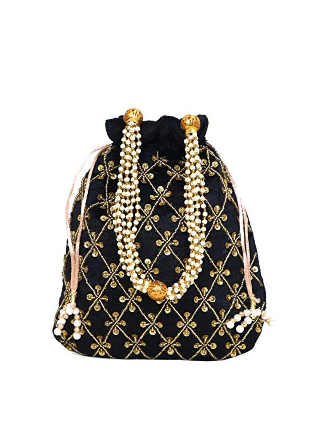 

FRINGES Embroidered Potli Clutch, Black