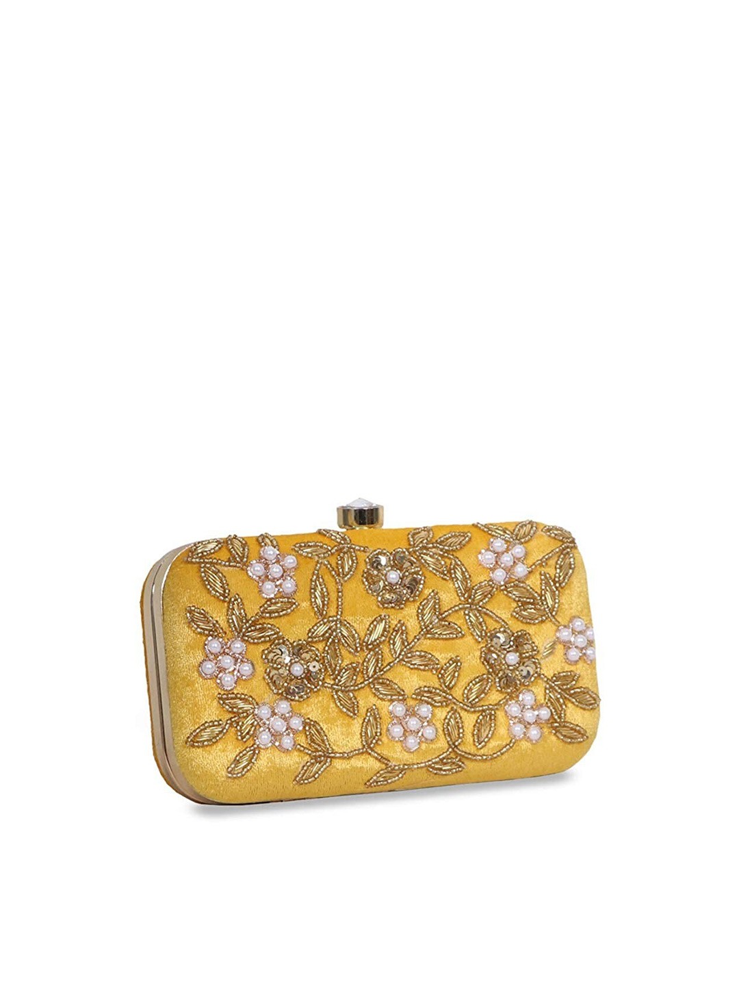 

FRINGES Embroidered Box Clutch, Yellow