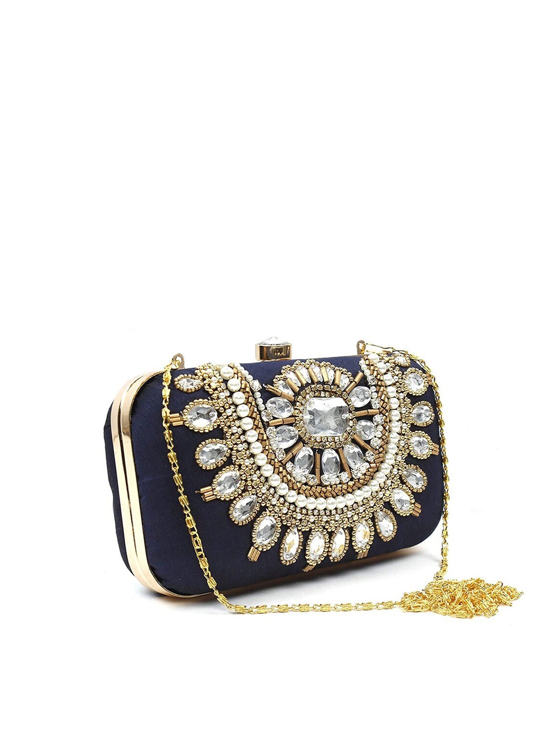 

FRINGES Embellished Box Clutch, Navy blue