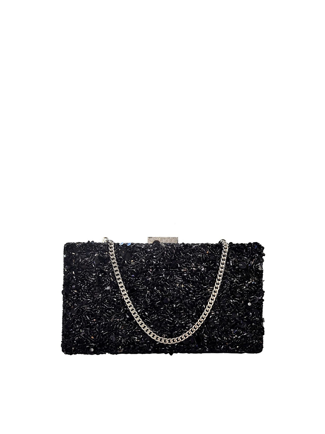 

FRINGES Embellished Box Clutch With Wrist Loop, Black