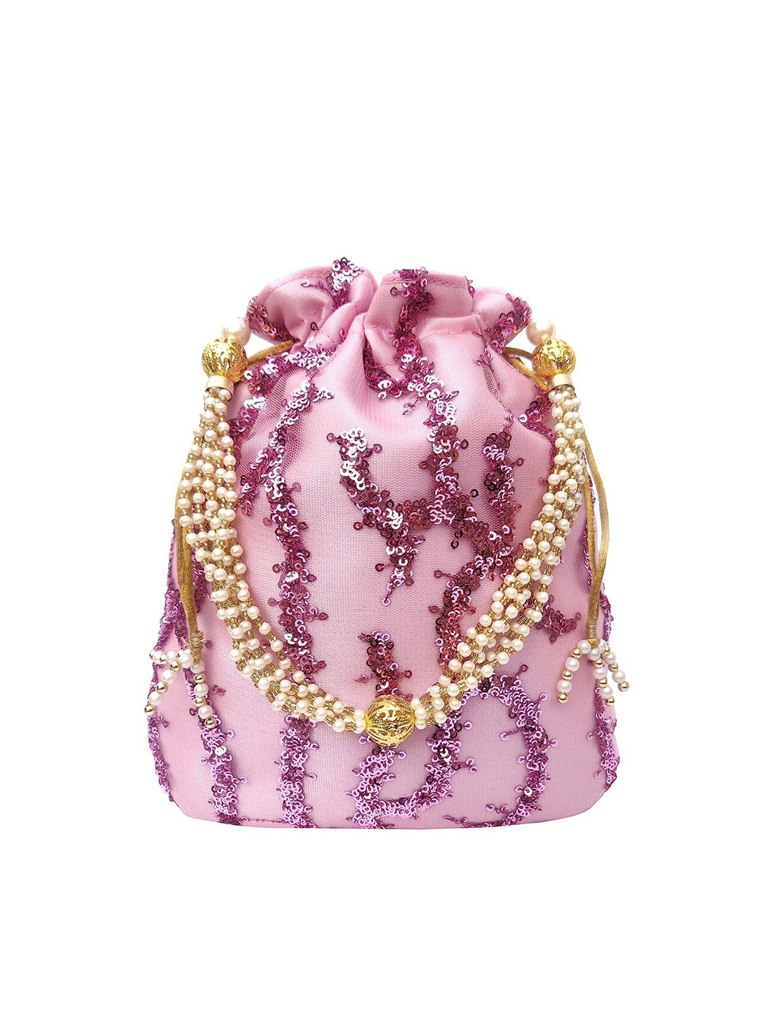 

FRINGES Embellished Potli Clutch With Wrist Loop, Pink
