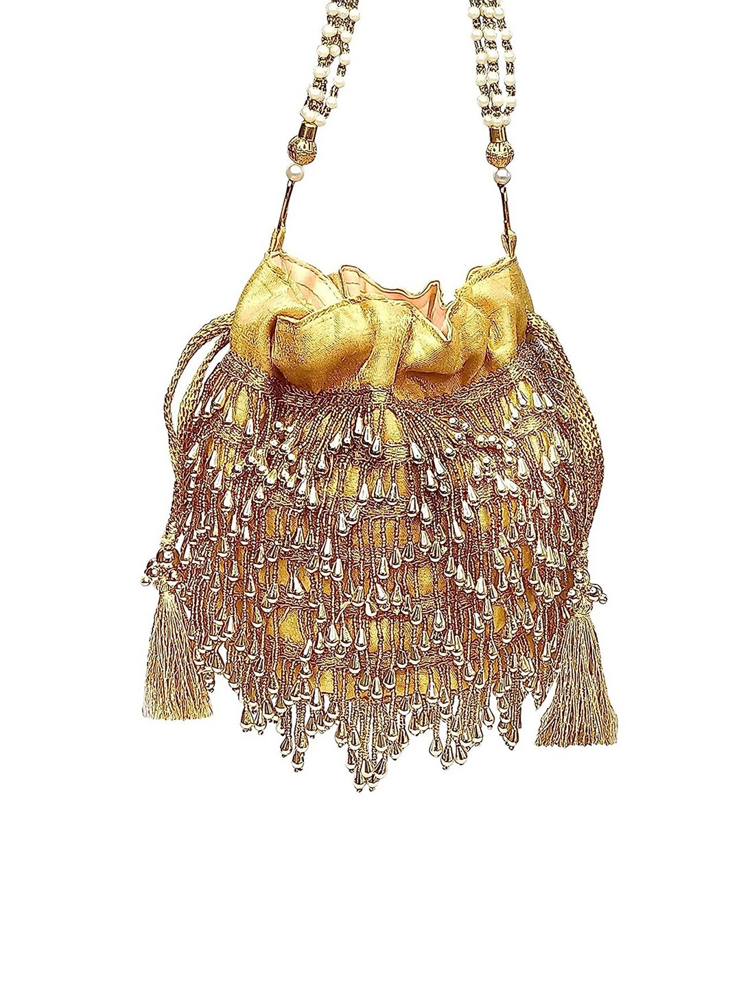 

FRINGES Embellished Potli Clutch With Wrist Loop, Gold