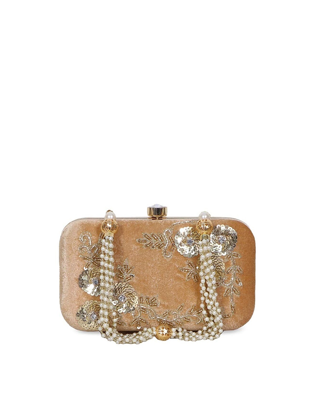 

FRINGES Embellished Box Clutch With Wrist Loop, Gold