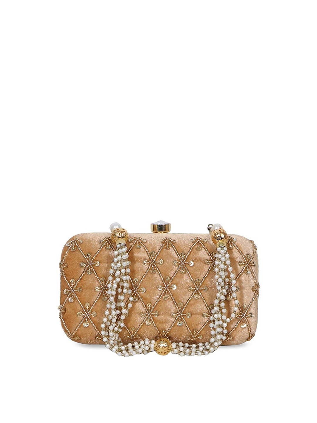 

FRINGES Embellished Box Clutch With Wrist Loop, Gold