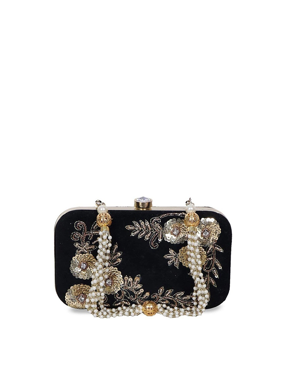 

FRINGES Embellished Box Clutch With Wrist Loop, Black