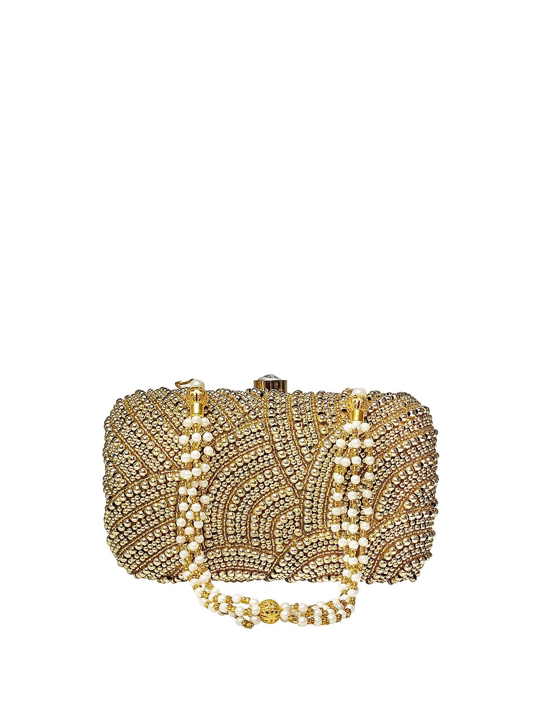 

FRINGES Embellished Box Clutch With Wrist Loop, Gold