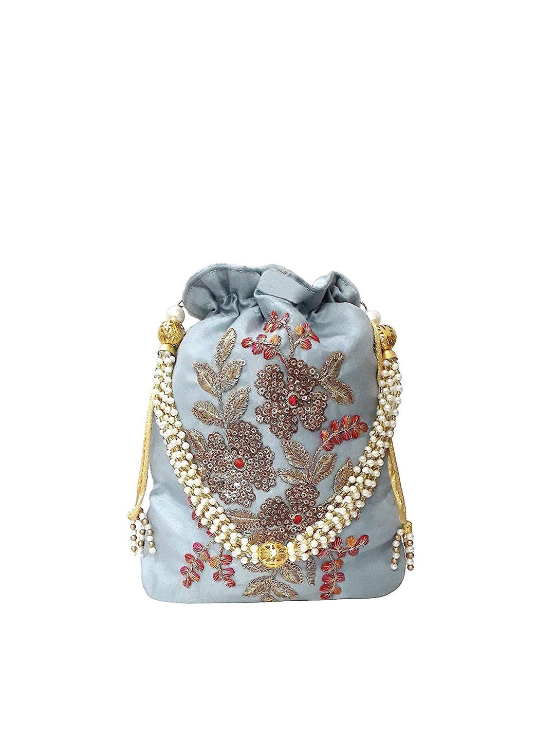 

FRINGES Embroidered Potli Clutch With Wrist Loop, Grey