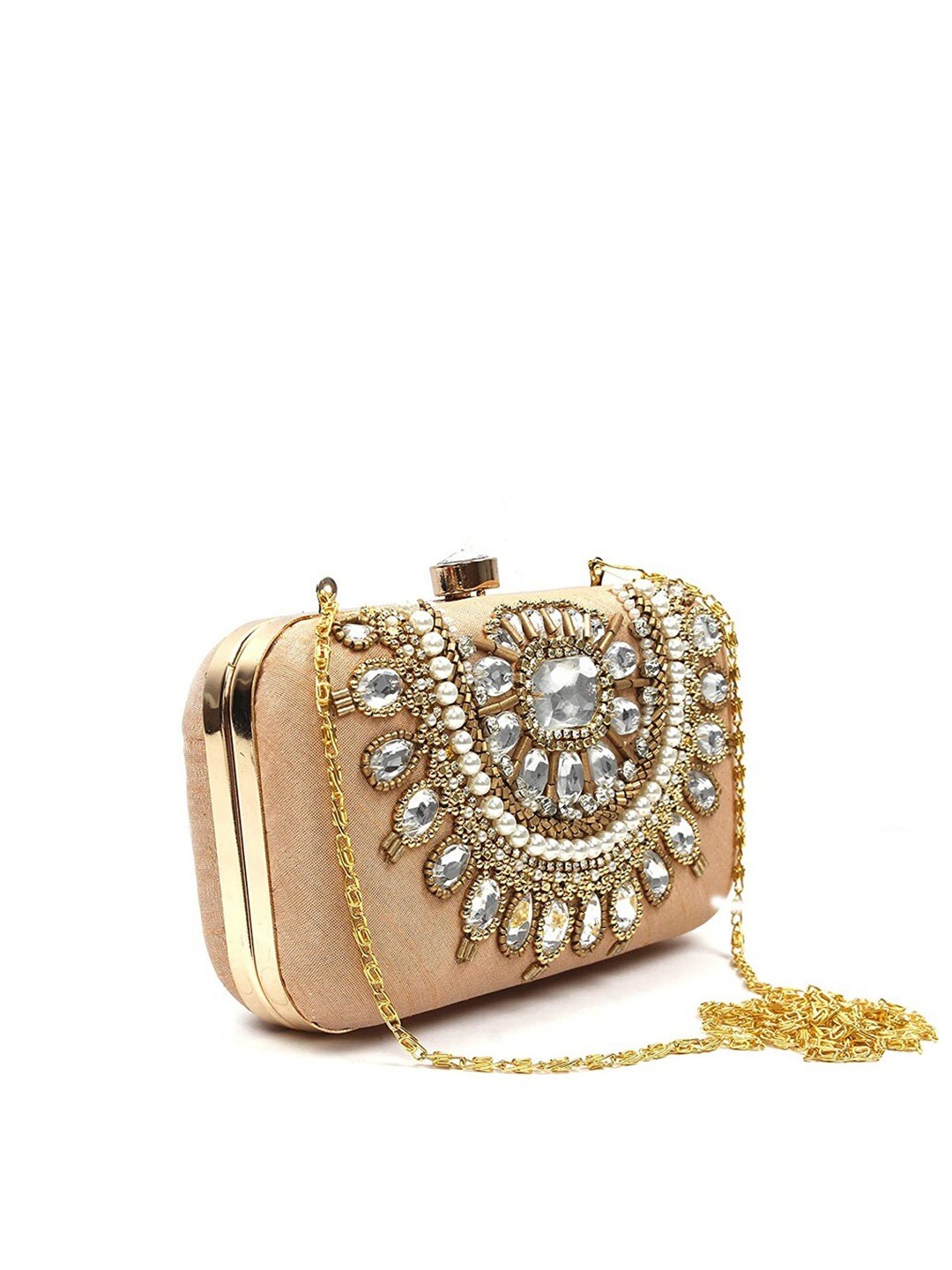 

FRINGES Peach-Coloured & Gold-Toned Embellished Box Clutch