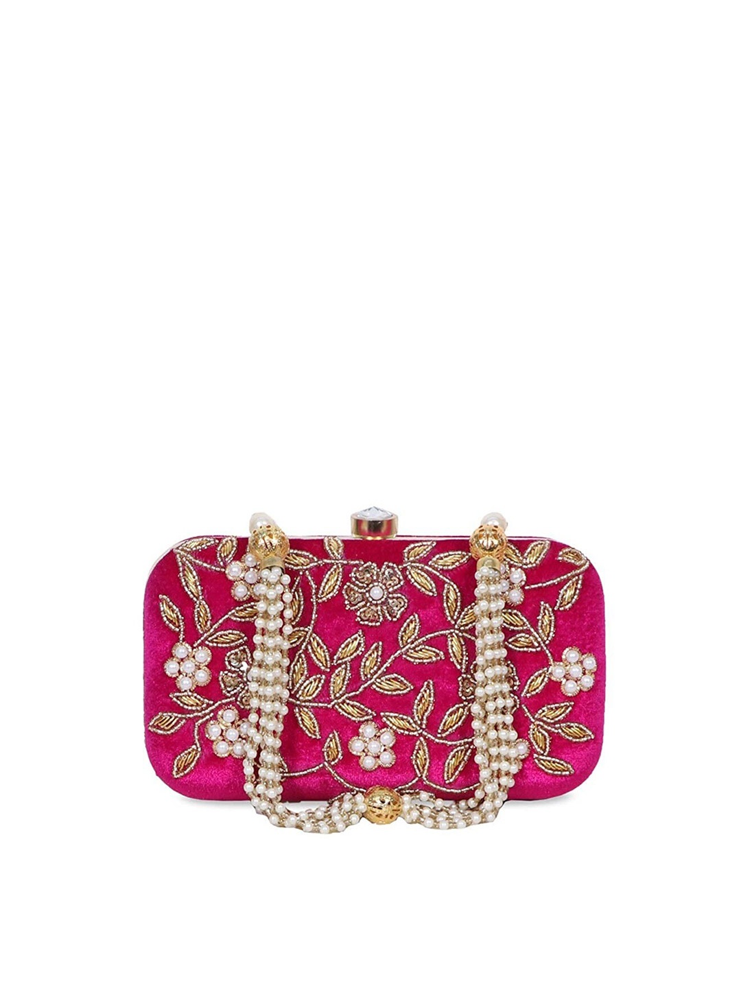 

FRINGES Embroidered Box Clutch, Fuchsia