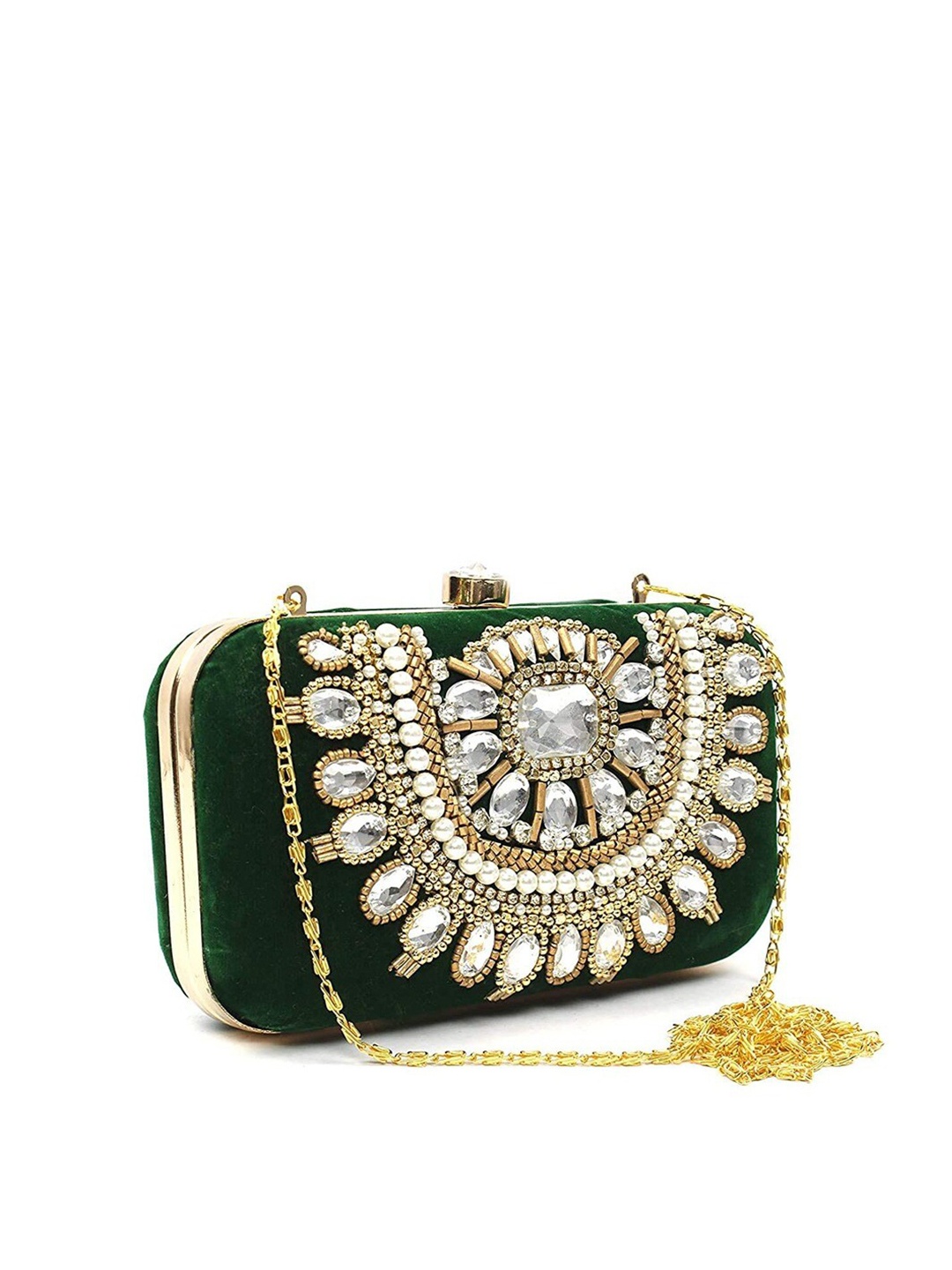 

FRINGES Embellished Box Clutch, Green