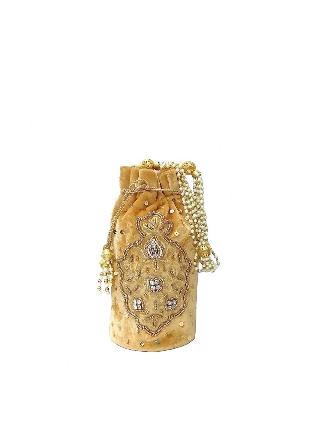 

FRINGES Embroidered Potli Clutch, Gold