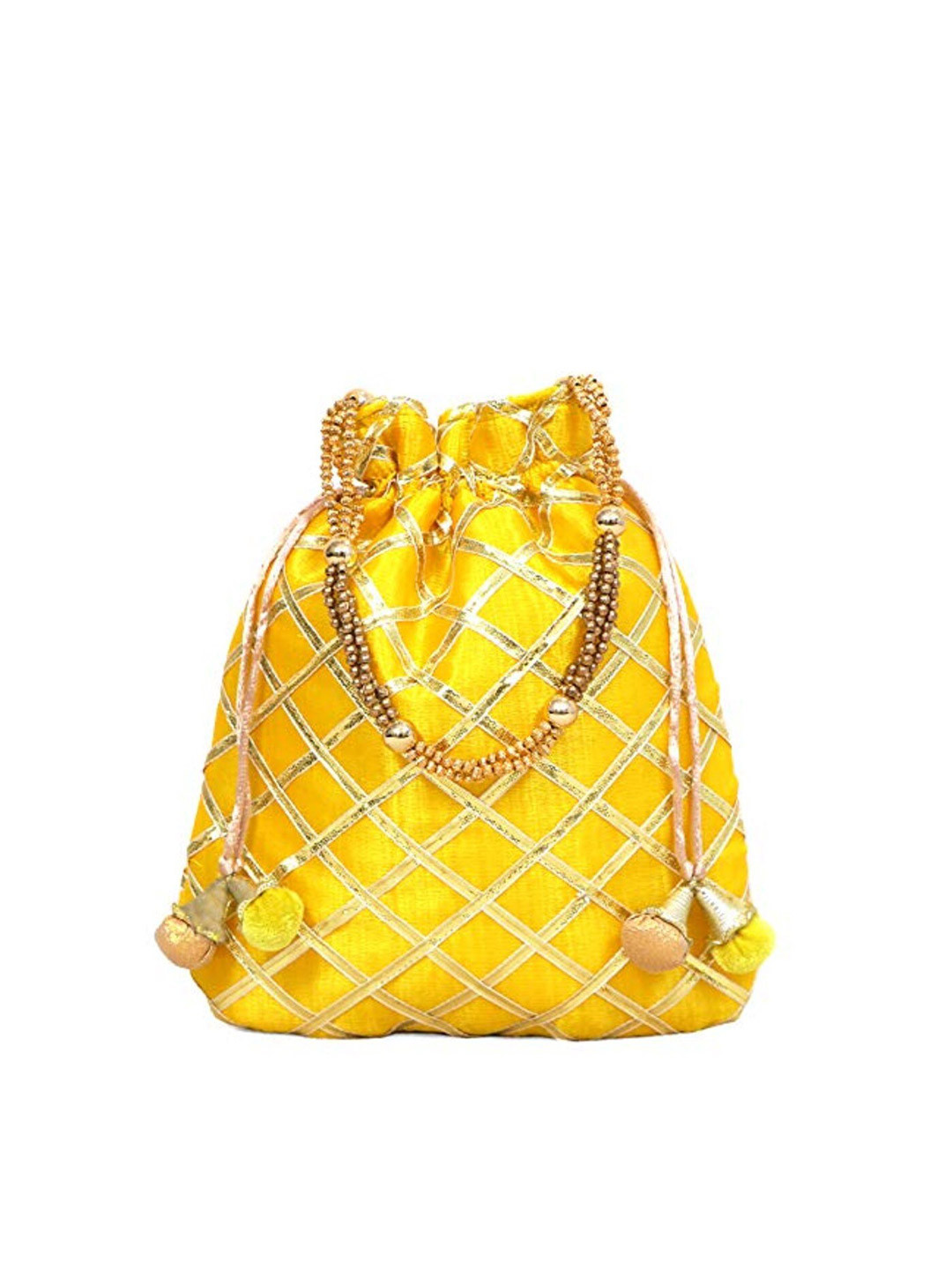 

FRINGES Embroidered Potli Clutch, Yellow