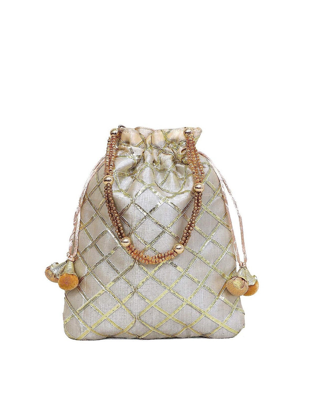 

FRINGES Embroidered Potli Clutch, Gold