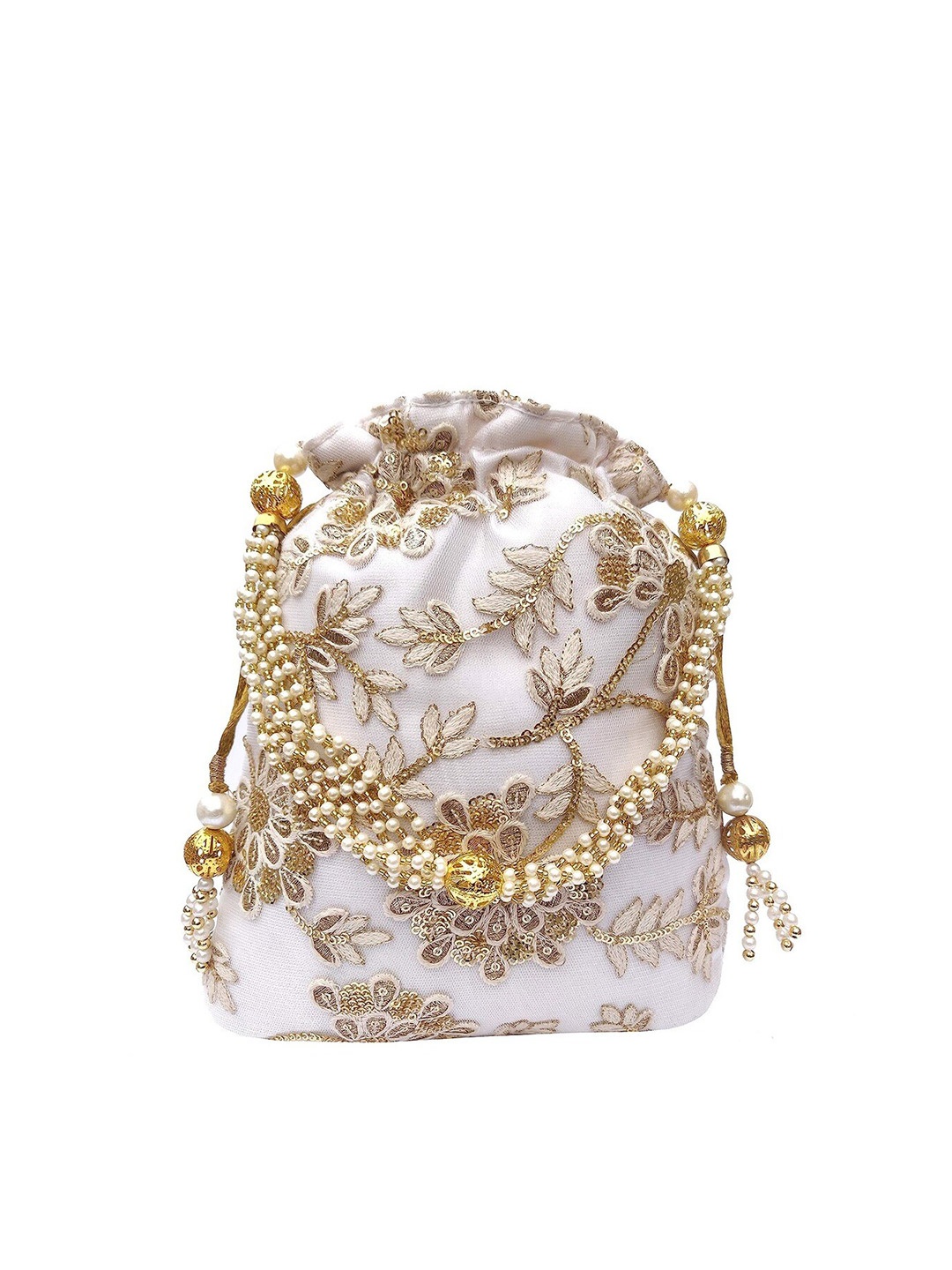 

FRINGES Embroidered Potli Clutch, White