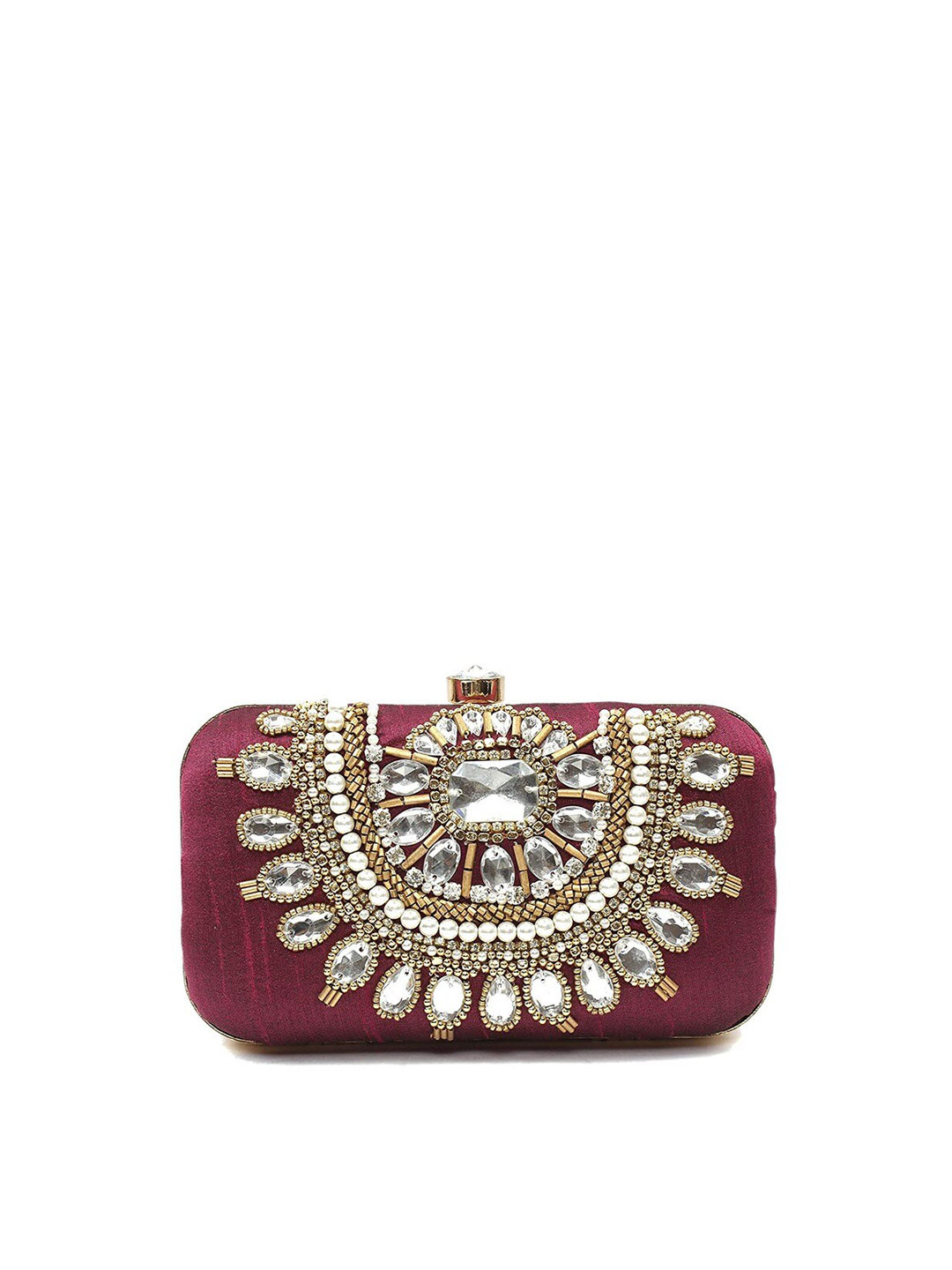 

FRINGES Embellished Box Clutch, Burgundy