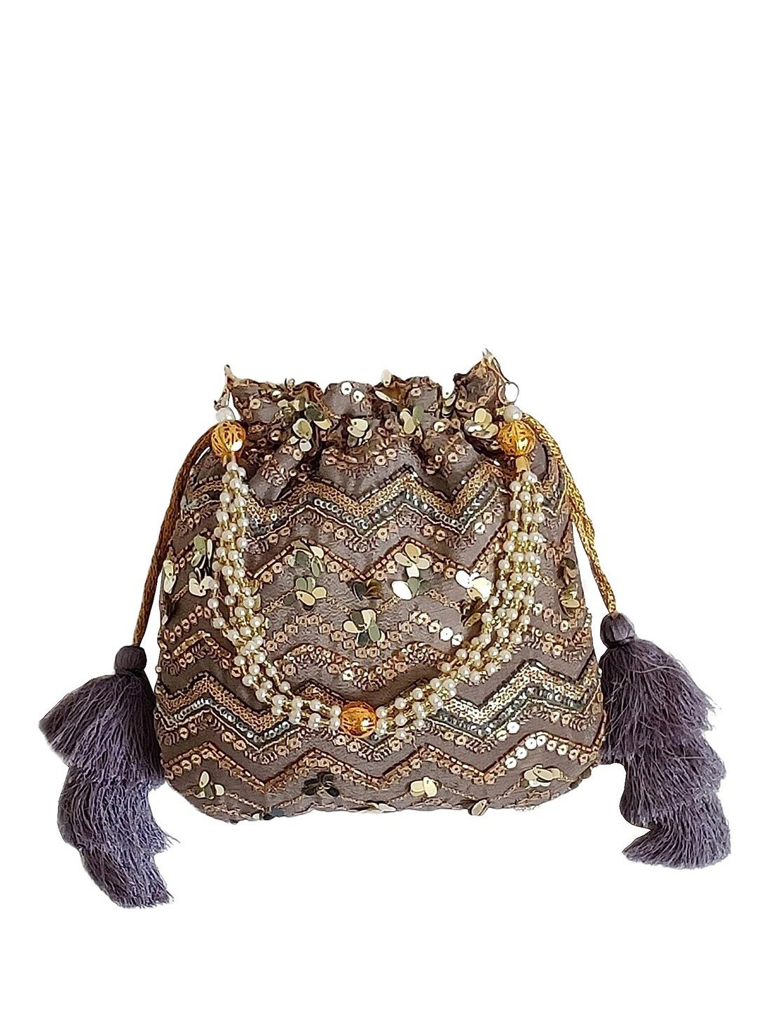 

FRINGES Embroidered Potli Clutch, Grey