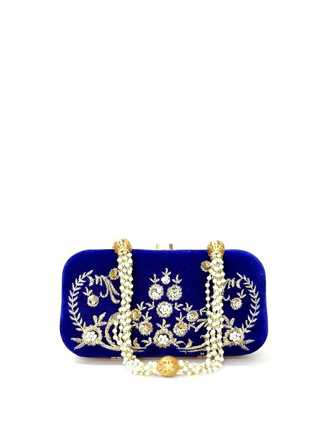 

FRINGES Embroidered Box Clutch, Blue