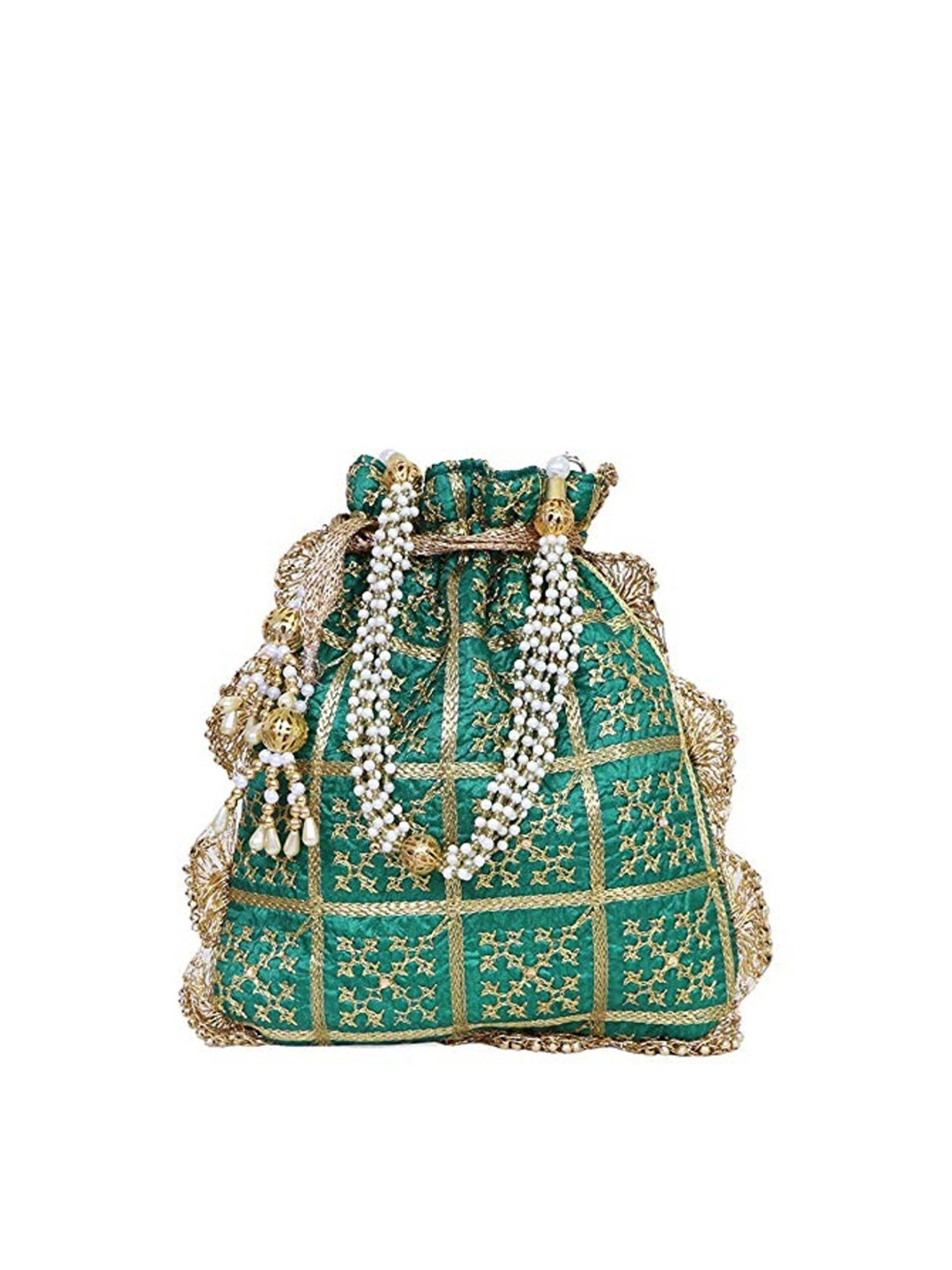 

FRINGES Embroidered Potli Clutch, Green