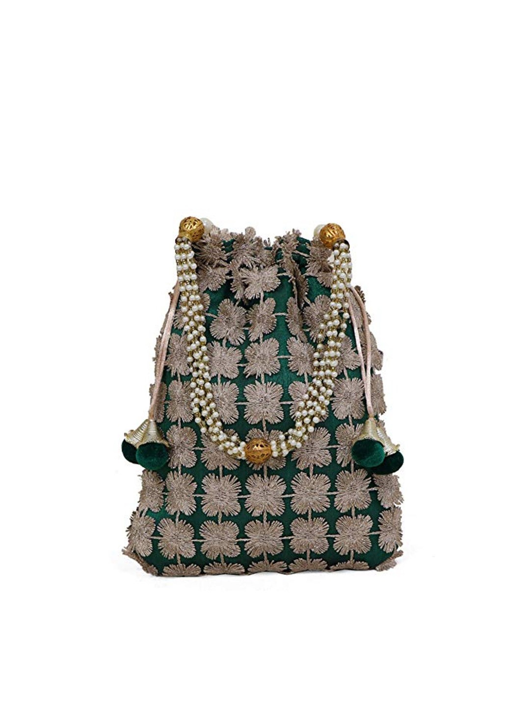 

FRINGES Embroidered Potli Clutch, Green