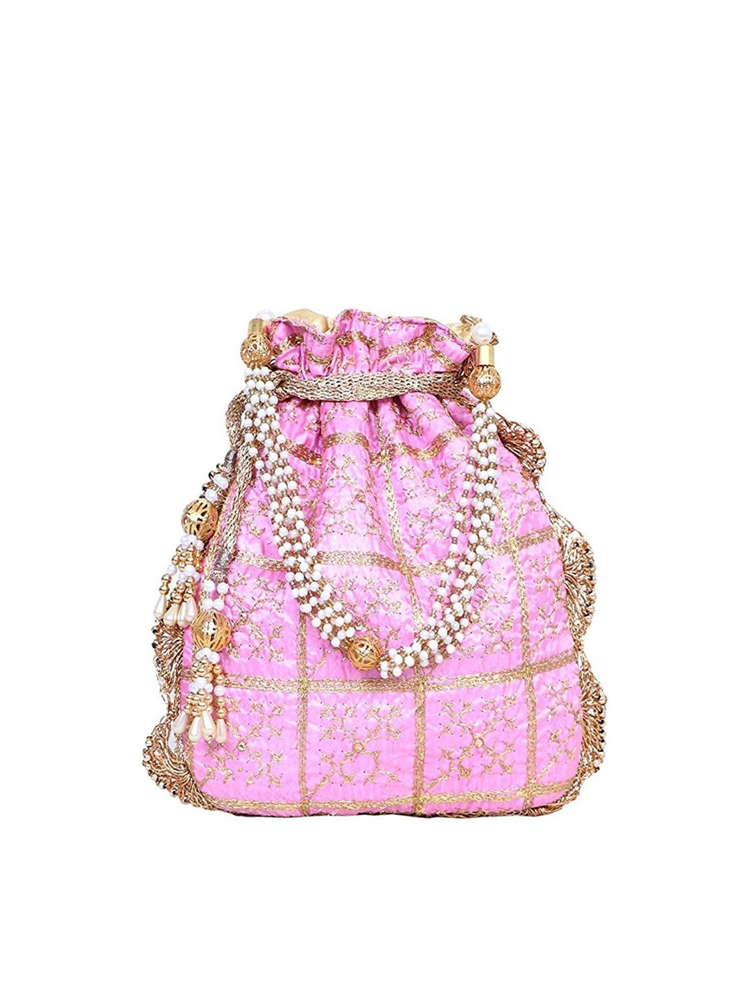 

FRINGES Embroidered Potli Clutch, Pink
