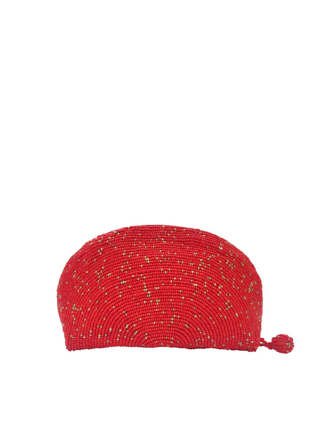 

FRINGES Embroidered Half Moon Clutch, Red