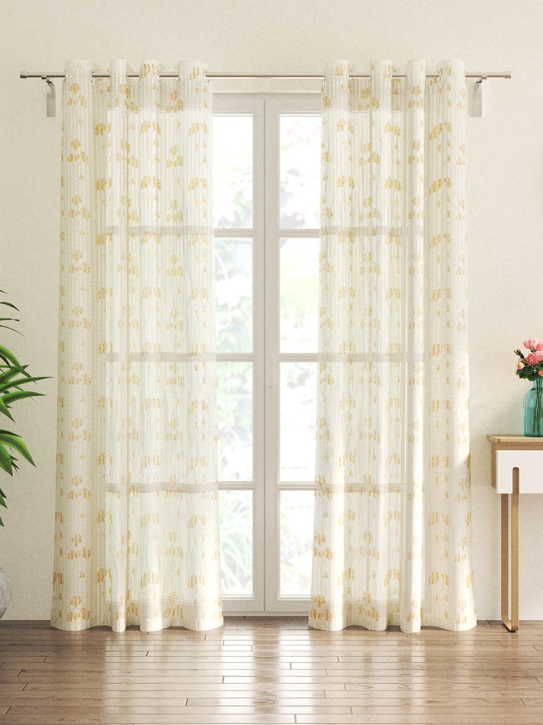 

Home Centre 2 Pieces Beige & Off White Floral Sheer Door Curtain