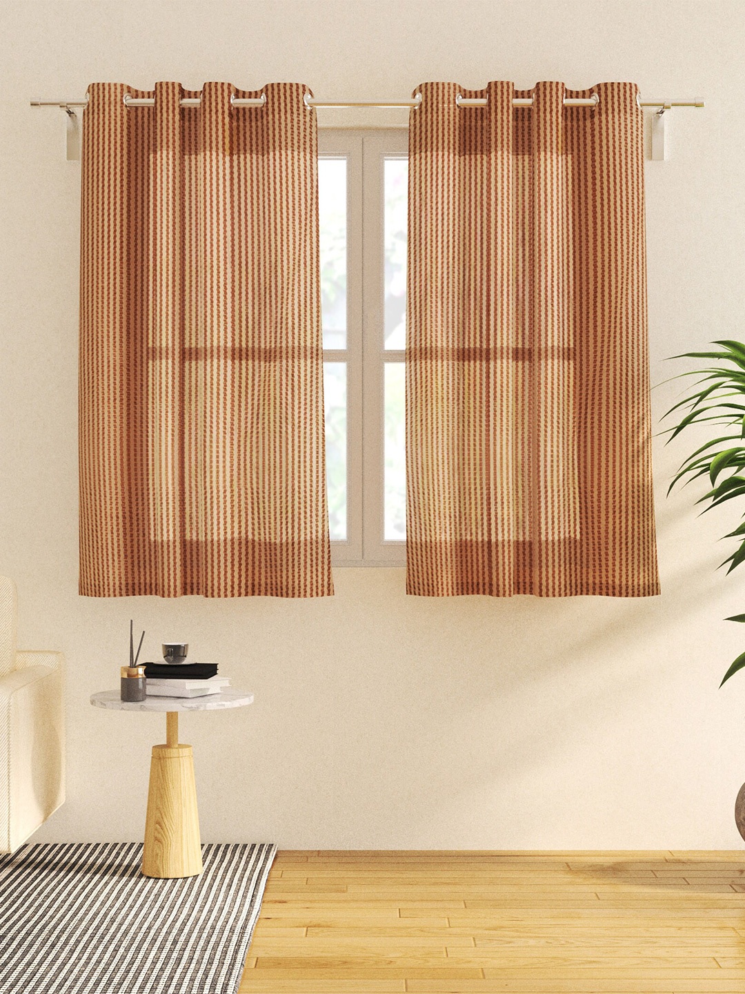 

Home Centre Corsica 2 Pieces Brown Striped Sheer Window Curtains