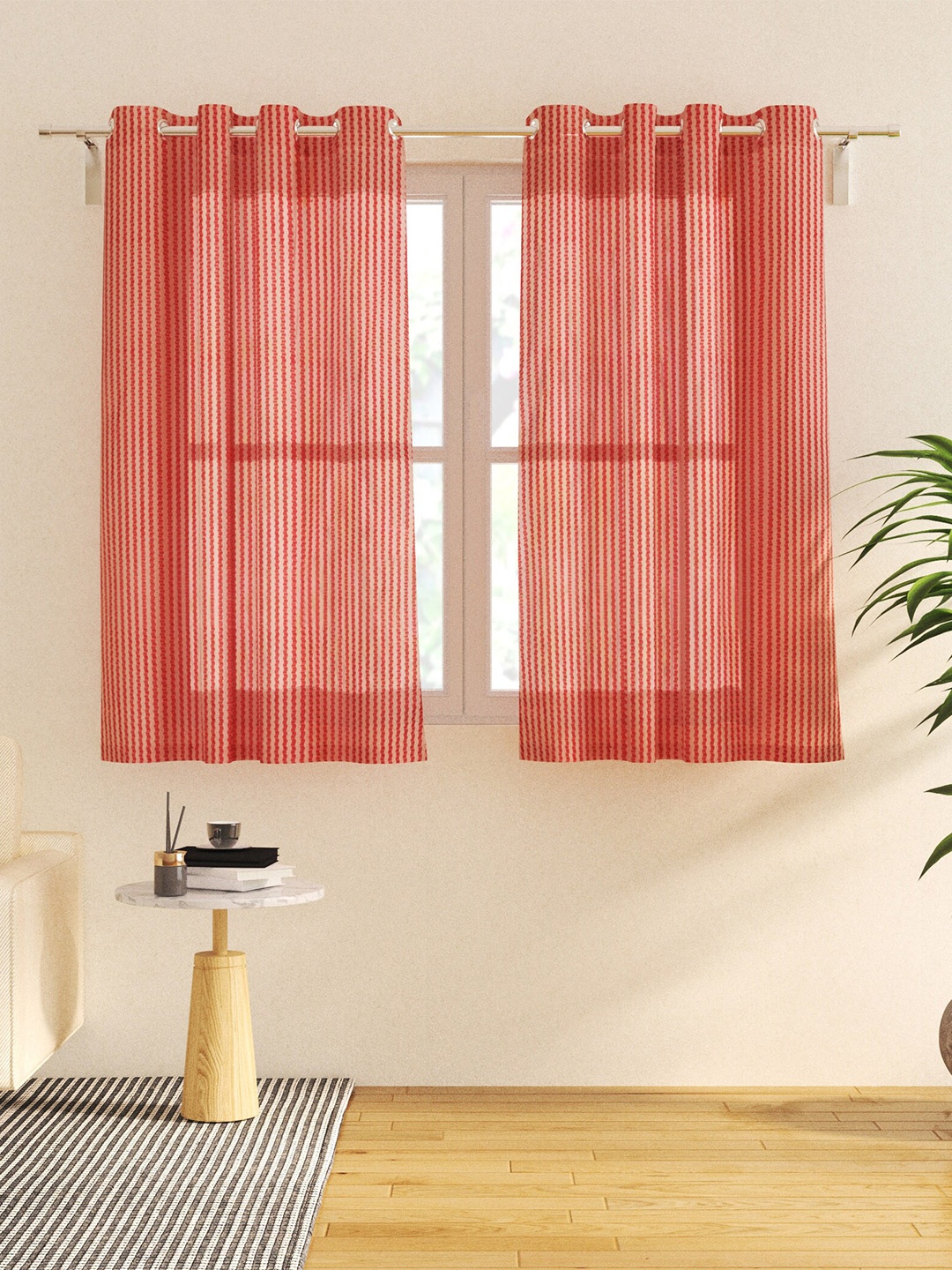 

Home Centre Corsica Maroon 2-Pieces Striped Sheer Window Curtains