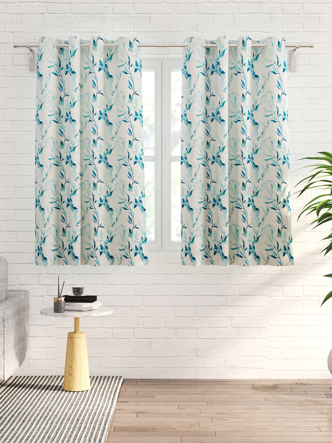 

Home Centre 2 Pieces White & Blue Floral Black Out Window Curtains