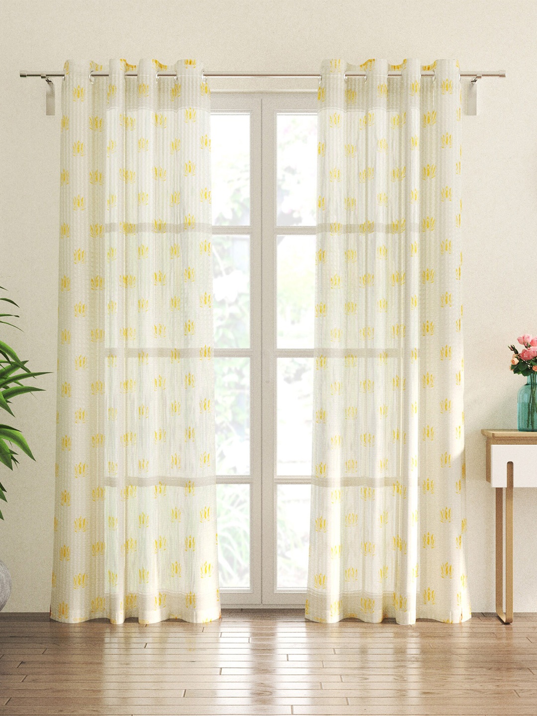 Home Centre Corsica White & Yellow 2 Pieces Ethnic Motifs Sheer Door Curtains