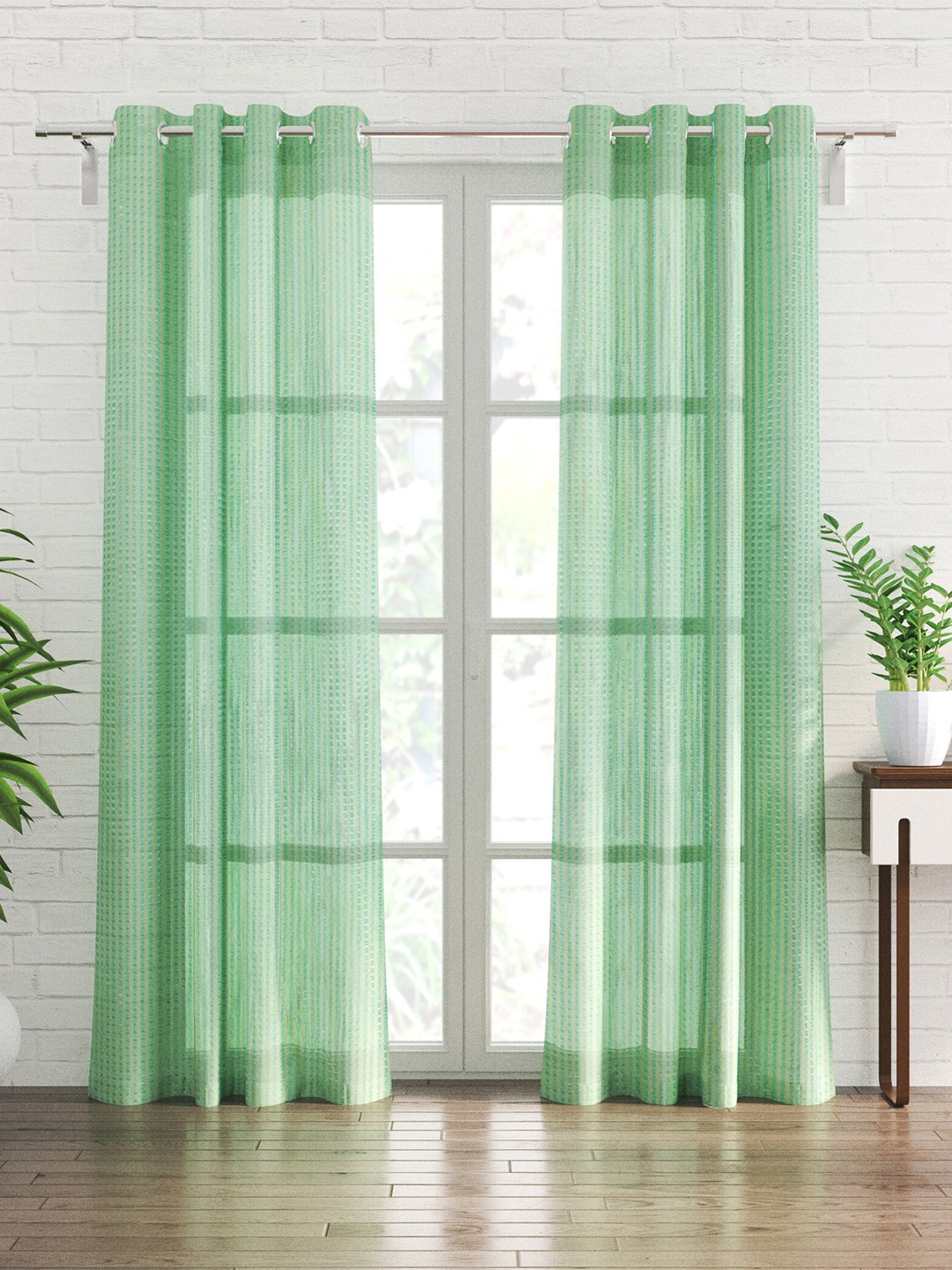 

Home Centre 2 Pieces Sea Green Striped Sheer Door Curtains