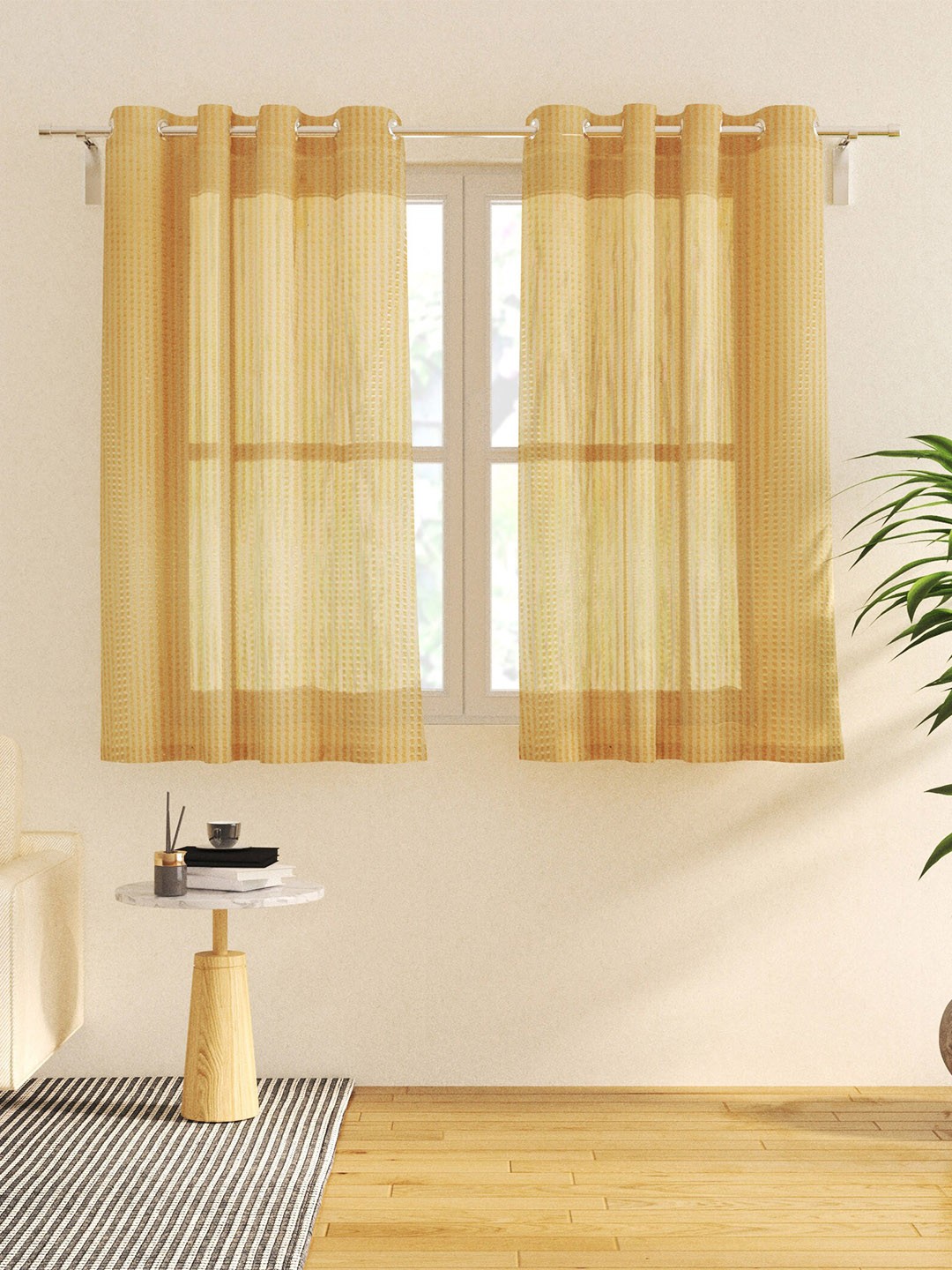 

Home Centre Corsica Beige 2 Pieces Striped Sheer Window Curtains
