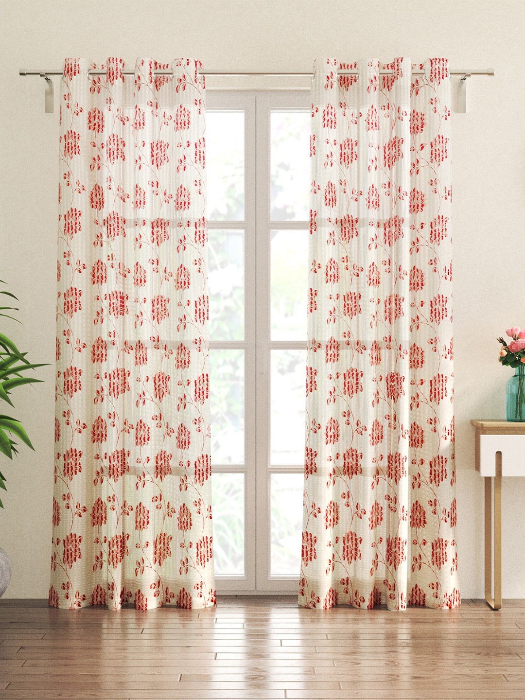 

Home Centre Corsica White & Red 2 Pieces Floral Sheer Door Curtains