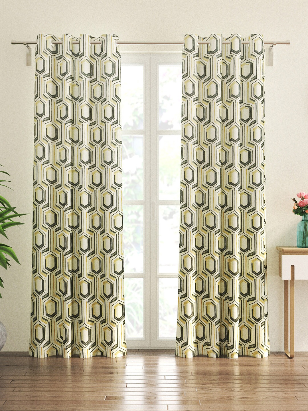 

Home Centre Fiesta Grey & White 2 Pieces Geometric Black Out Door Curtains