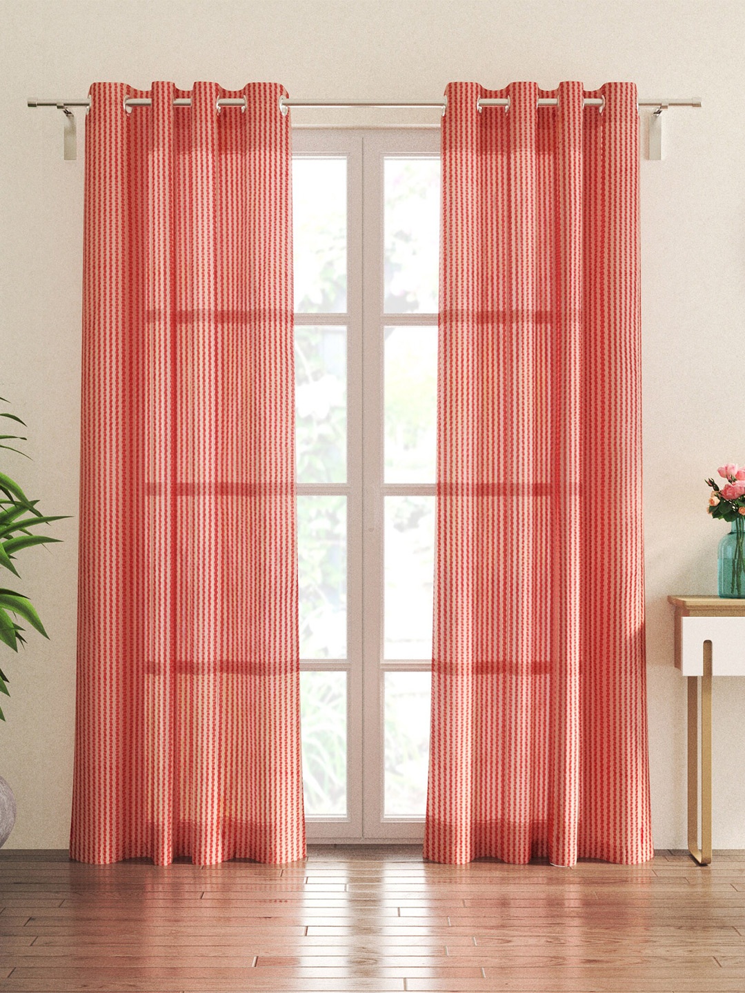 

Home Centre Corsica Peach-Coloured & Red 2 Pieces Striped Sheer Door Curtains