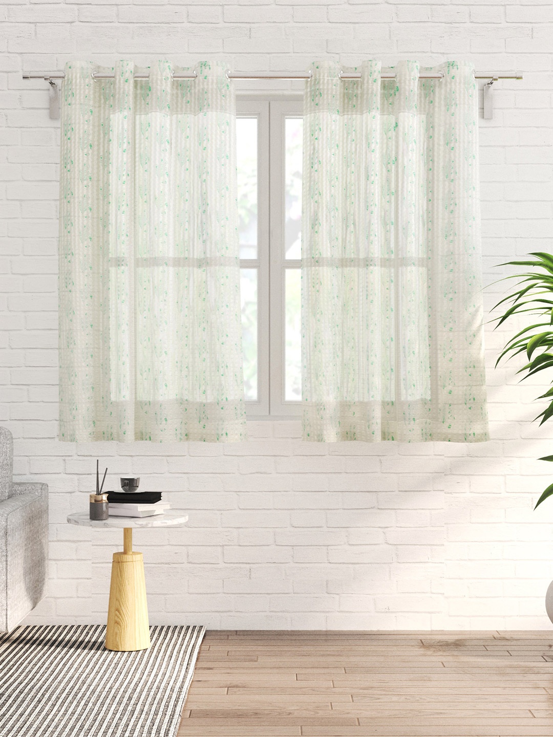 

Home Centre Corsica White & Teal 2 Pieces Ethnic Motifs Sheer Window Curtains