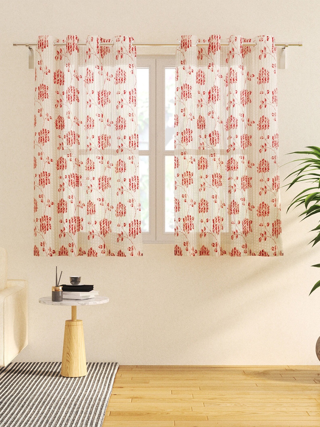 

Home Centre Corsica White & Red 2 Pieces Floral Sheer Window Curtains